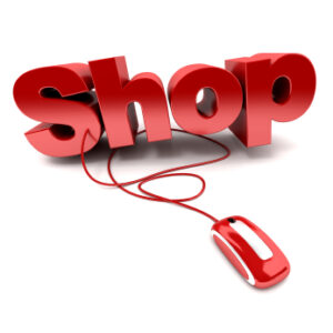 Red and white 3D illustration of the word shop connected to a computer mouse
